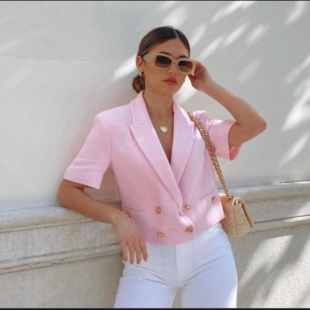 Zara Pink Cropped Textured Weave Blazer